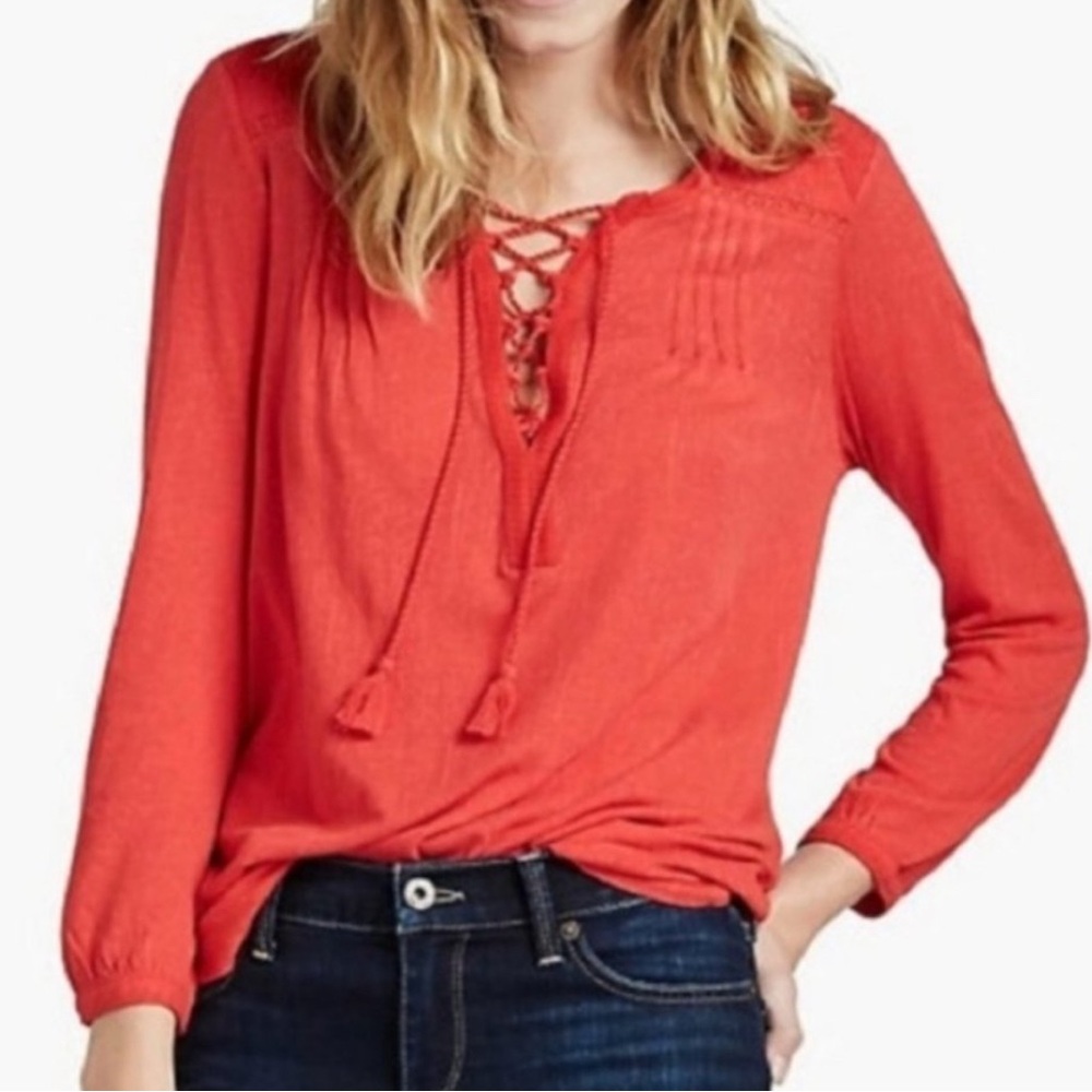 Lucky Brand Red Lace Up Boho Blouse Medium Embroidered Tassel Tie Top M